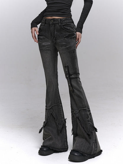 Hem Black-Grey Jeans Raw Inverted Wash Design Vintage Flared Triangle with