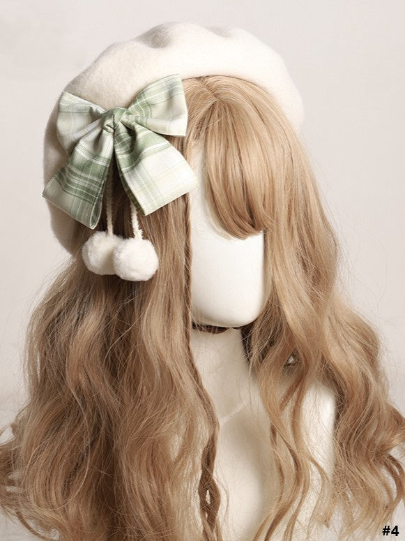 14 Color Options Plaid Bow Beret with Pom-Pom Accents