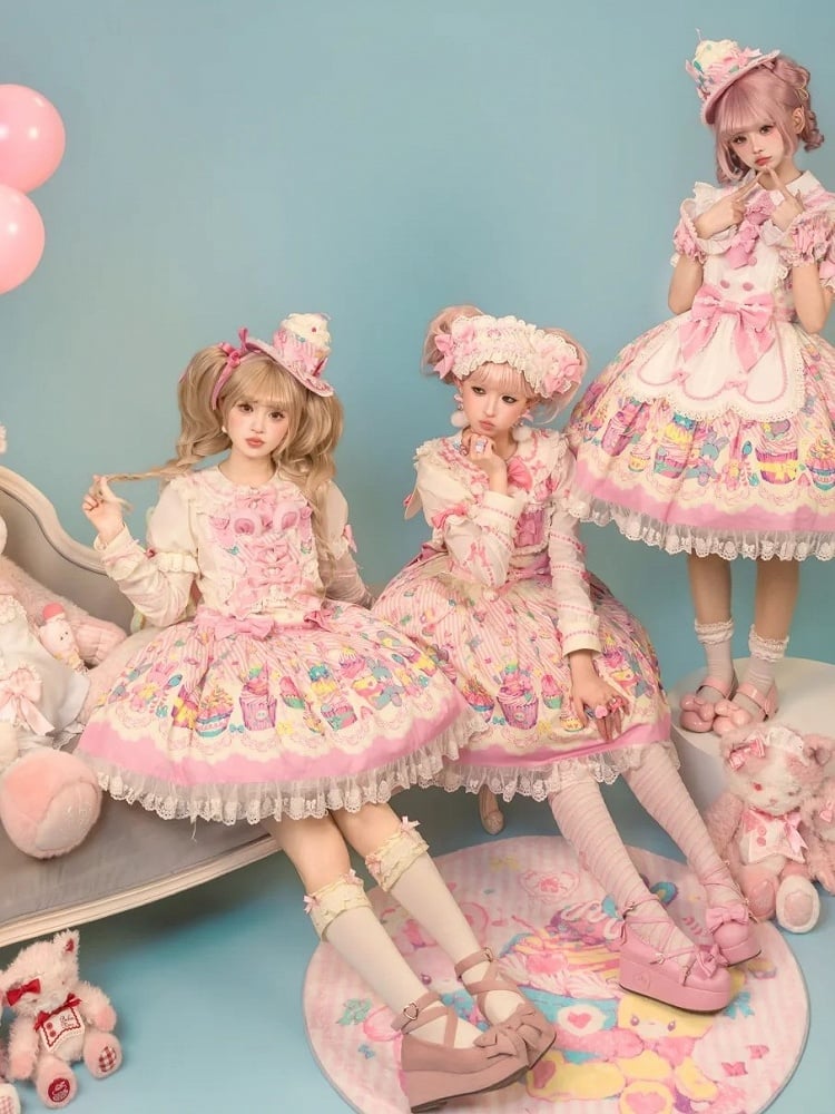 and Pink Sweet Lolita Bunny Print Dress Overall White Cupcake