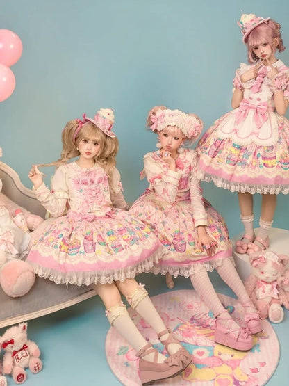and Pink Sweet Lolita Bunny Print Dress Overall White Cupcake
