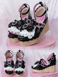 Beaded - Sandals Black Platform Showa-style Buckles Wedge Heart
