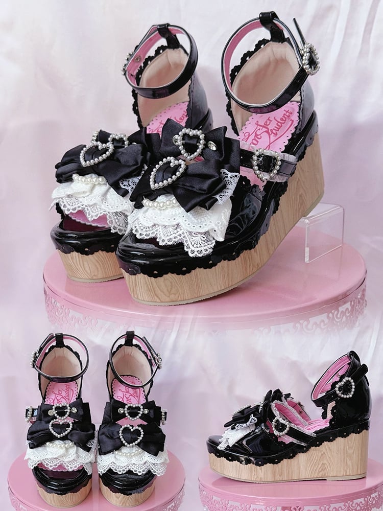 Beaded - Sandals Black Platform Showa-style Buckles Wedge Heart