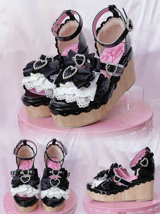 Beaded - Sandals Black Platform Showa-style Buckles Wedge Heart