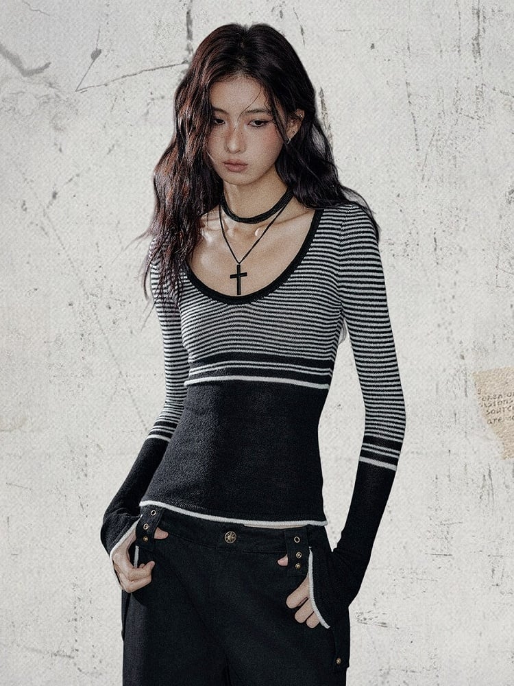 Gray Striped Long Sleeve Shirt with Scoop Neckline - Low pixel