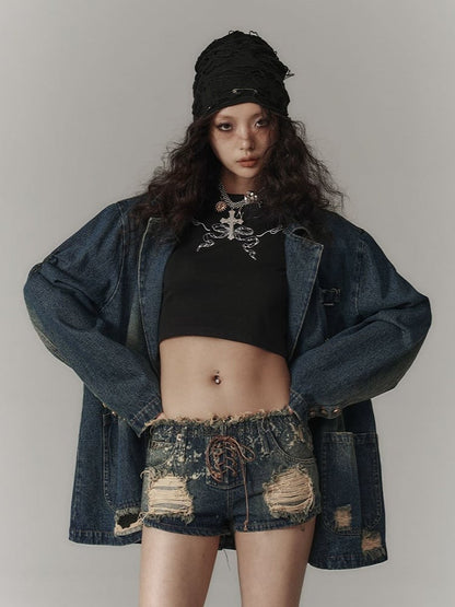 Blue Distressed Longline Vintage Fit Blazer Pockets with Denim 3D Hole Punk