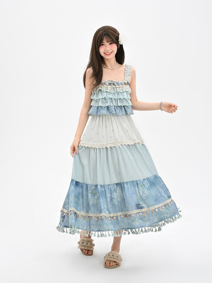Dye Tie Blue Skirt Design Tassel Hem Shell Charm Patchwork Trim Lace