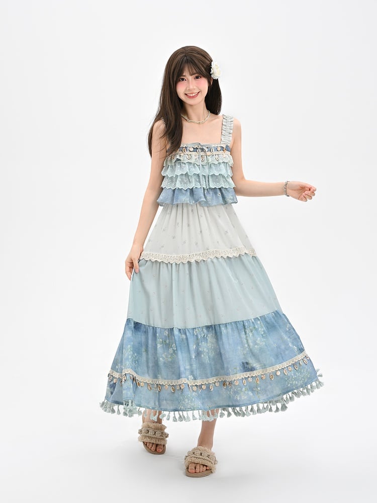 ノースリーブトップ シェルチャーム ティアードフリル ブルー