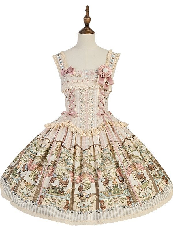 Printed Beige with Corset Square Lolita Sweet Dress Neckline Bear Lacing Pink