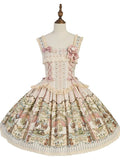Printed Beige with Corset Square Lolita Sweet Dress Neckline Bear Lacing Pink