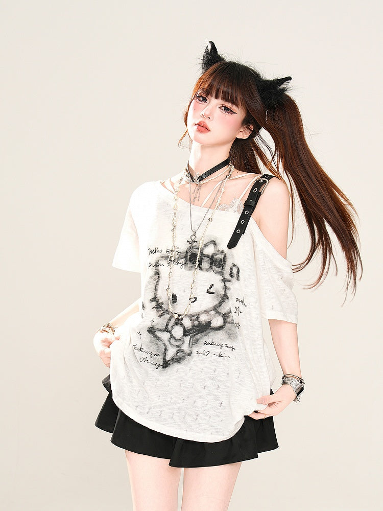 Semi-sheer Asymmetrical Neckline Buckle Strap T-Shirt Kitty Print Black/White/Gray