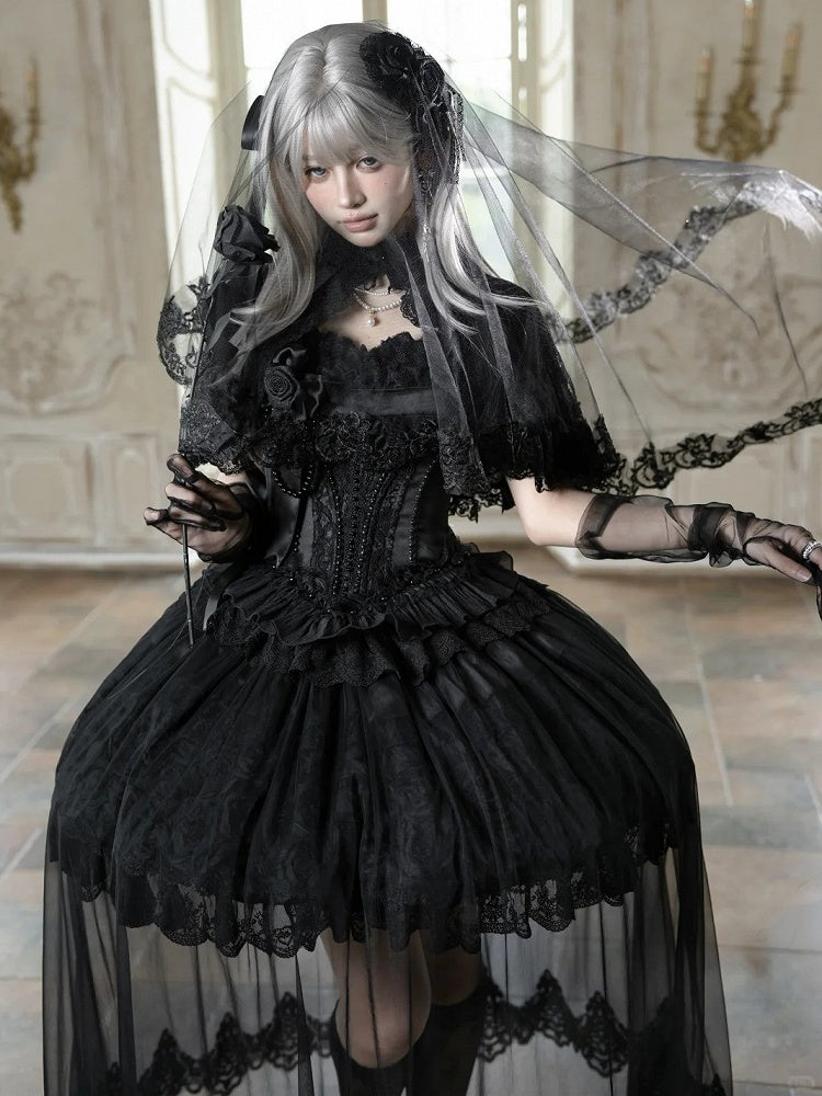Black Elegant Classic Loli Dress Set with Cape and Brooch - Airfreeing