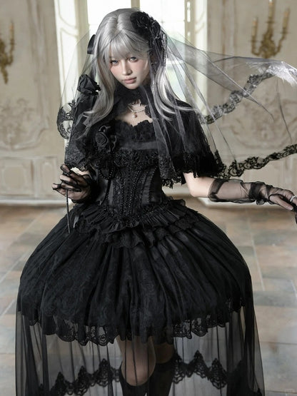 Black Elegant Classic Loli Dress Set with Cape and Brooch - Airfreeing
