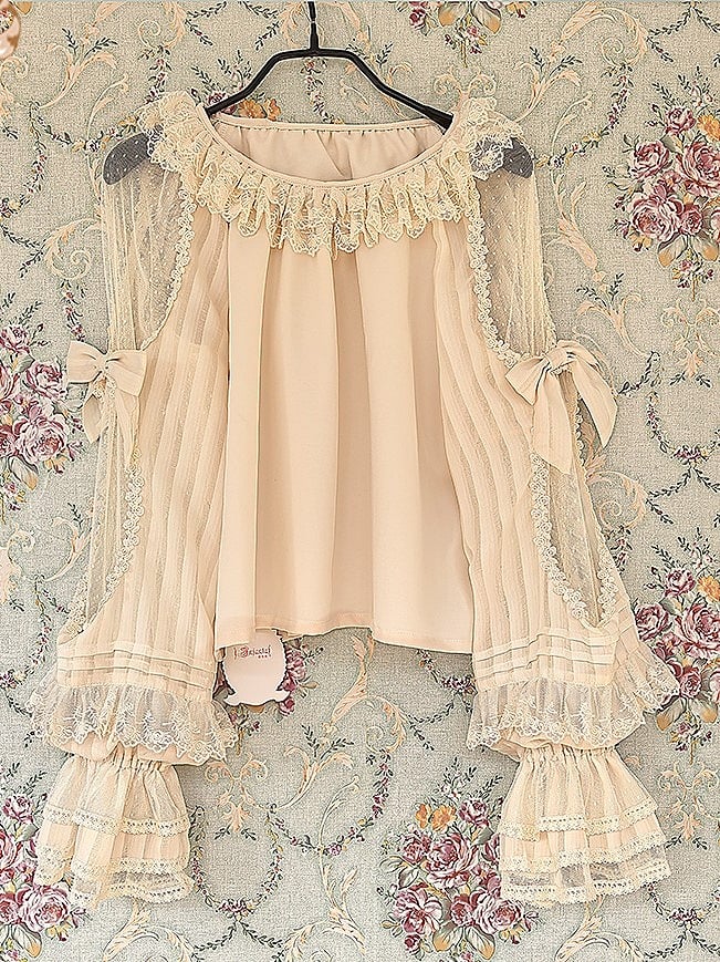 and Neck Blouse Round with Sleeves Lace Trim Semi-sheer Lolita Ruffled Apricot