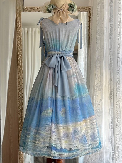 Blue Ocean Oil Painting Print Elegant Lolita Maxi Dress with Cowl Neckline and Tie Straps
