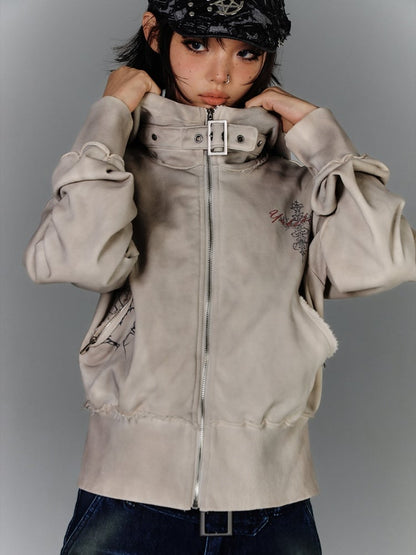 Strap Apricot Distressed Zip Closure Hoodie Wasteland Buckle Punk