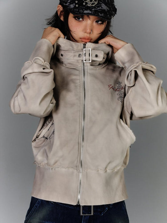Strap Apricot Distressed Zip Closure Hoodie Wasteland Buckle Punk