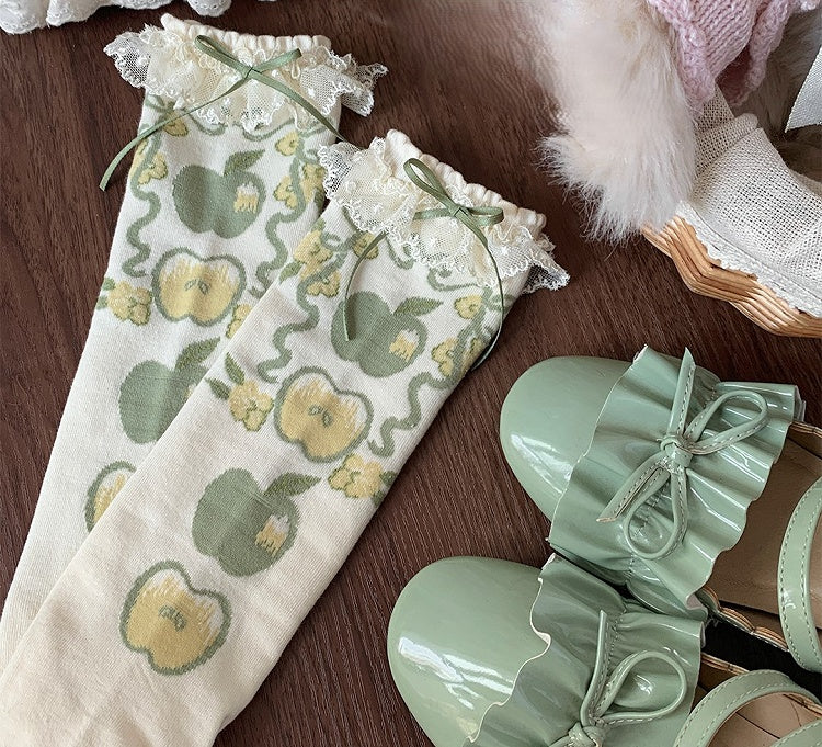 Green/Red Lace Apple Lolita Print Calf Sweet Trim Socks