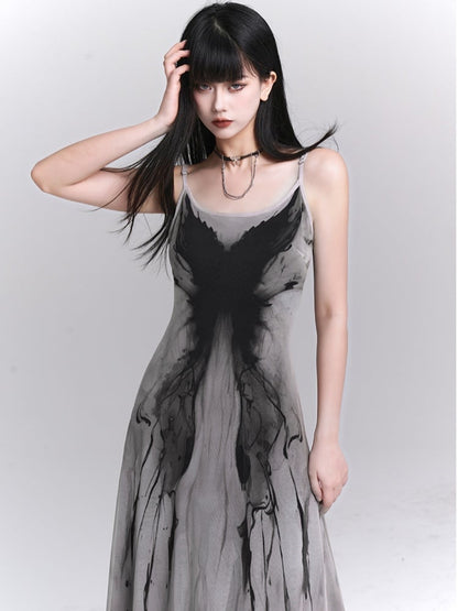 Gothic Gray Butterfly Slim-fitting Slip Dress