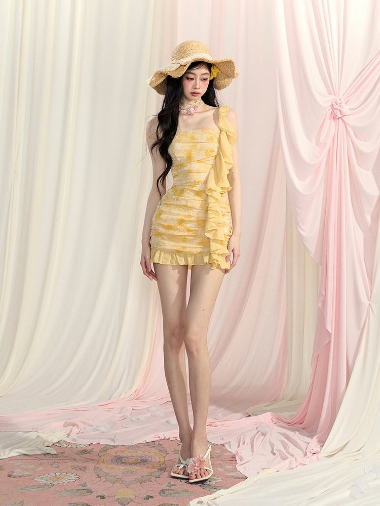 Yellow Sequins Mini Cascading Bodycon Ruffle Trim Ruched Design Glamorous Dress