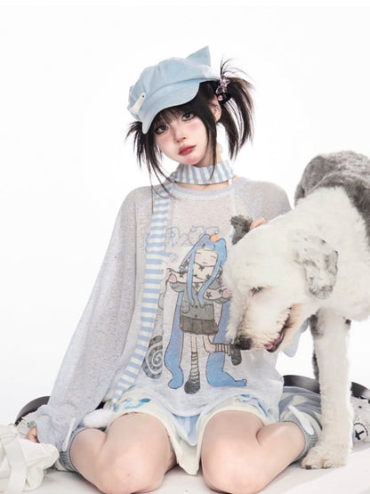 デザインカラーブロックカバーアップ ブルー/ピンク ラウンドネック 漫画ガールプリント セミシアー