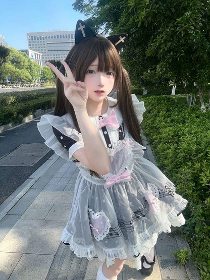 Lace 	Peter Trim Collar Bow Dot Polka Pink with Black Dress Heart Pan Cut-Out