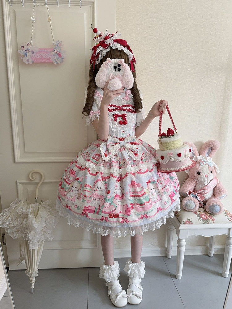 Puppy Sweet Jumper Niedlicher Rock Bunny Print und Kleid Lolita Blau