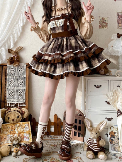 Braunes Lolita-Kleid mit Karomuster und hoher Taille, Herbst- und Winter-Lolita-Pulloverrock
