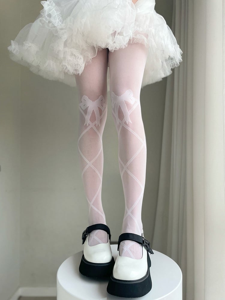 And Banded Semi-sheer Print Lolita Tights Bow Crisscorss Black/White