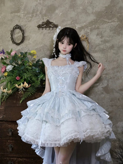 Hime Basque Flower Lace Layered Fluffy Lolita Dress Blooming with Blue Accents Waist | Sheer Ocean
