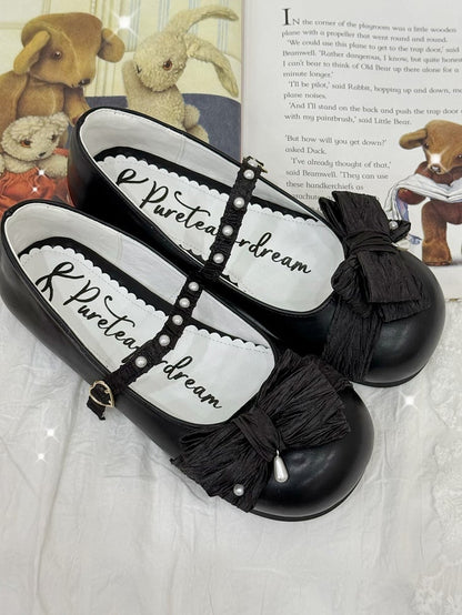 Black Shoes Heart Top Decorated Toe Bow at Round Matte Buckle Lolita Beaded
