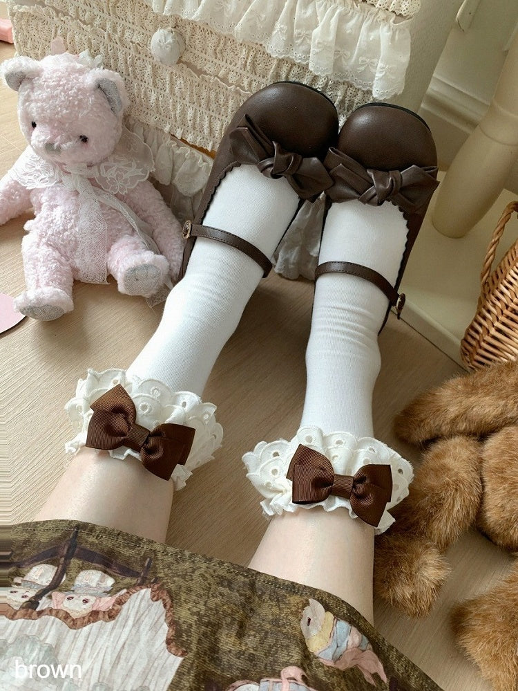 Beige Ankle Socks with Bowknot & Lace Trim, 10 Colors - ROJI ROJI