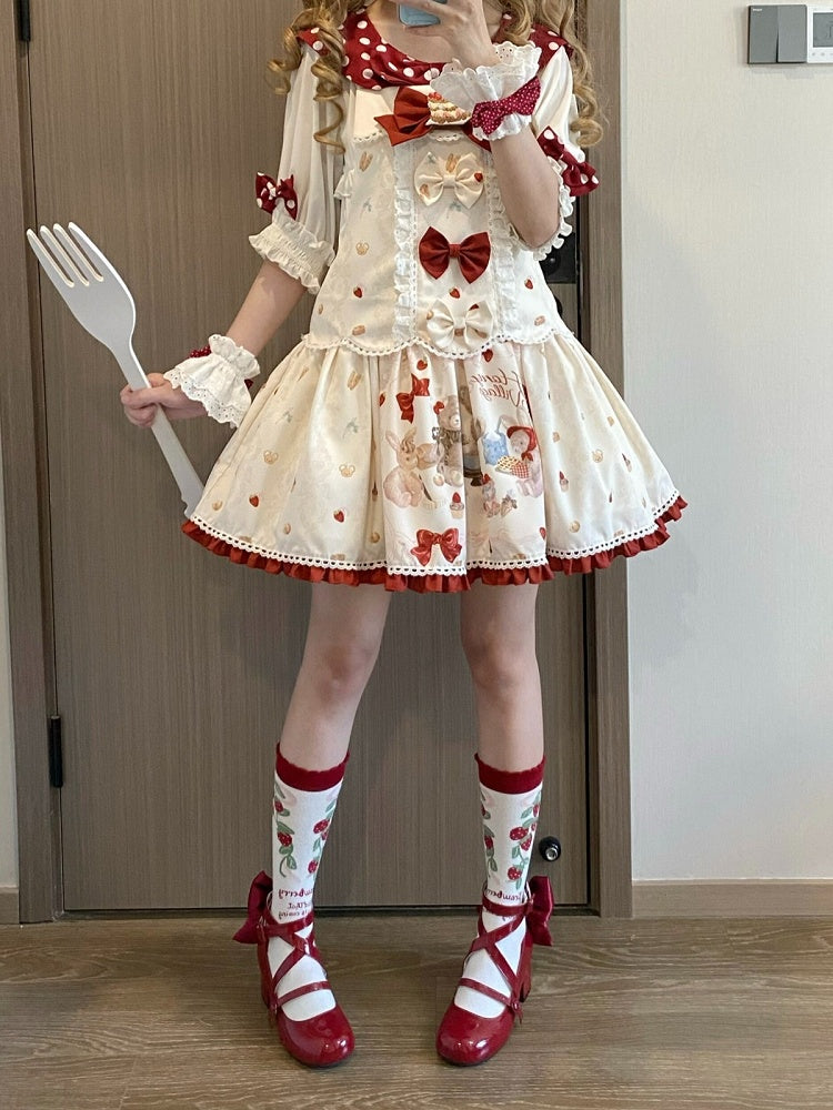 Beige Bear & Strawberry Print Adjustable-Strap Jumper Dress - Honey Village