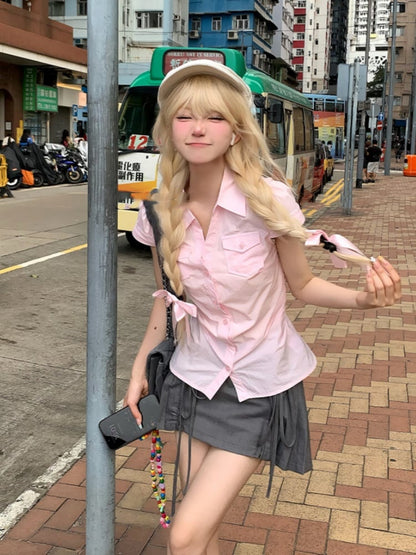 プリーツスカートスタイルのプレッピースイートピンク半袖シャツ/グレーミニ