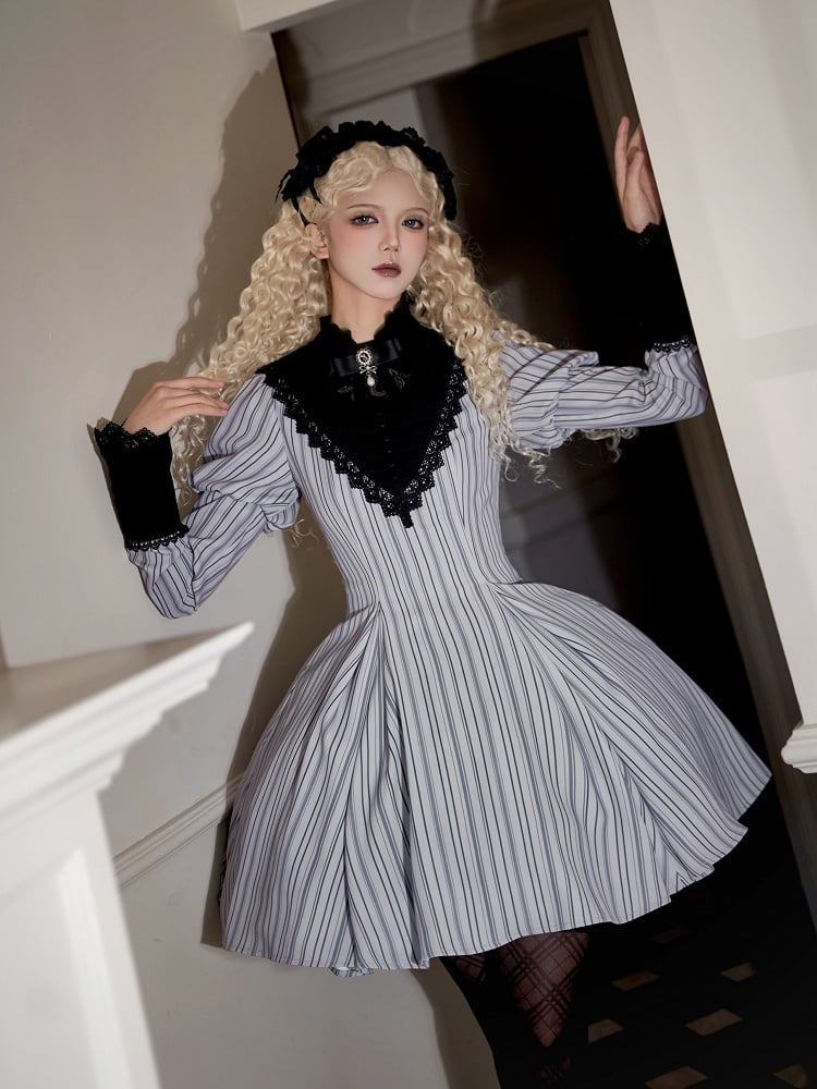 Light Gray Striped Pattern Nun Juliette Sleeves Banded Collar Gothic Lolita Dress Short Version
