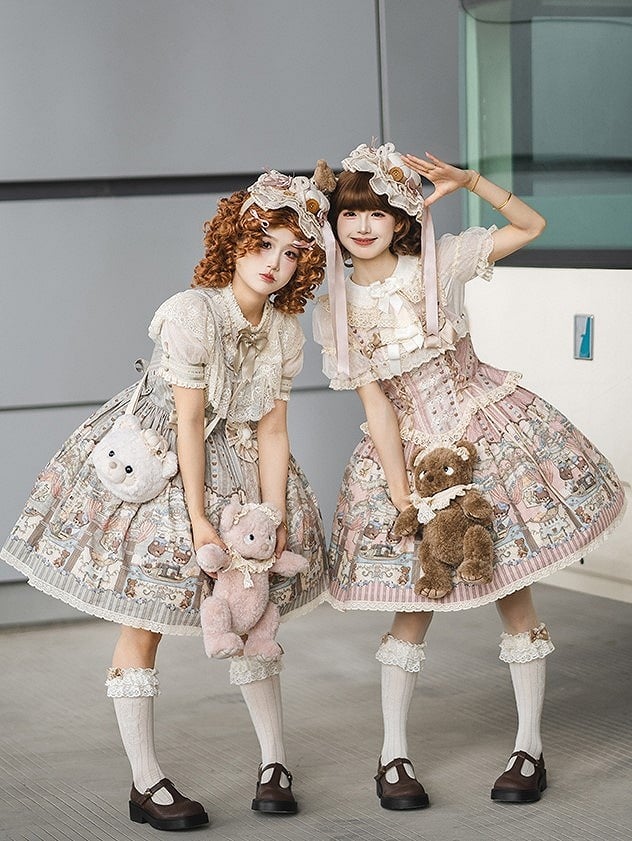 Sweet with Corset Neckline Lacing Printed Bear Square Lolita Dress Pink