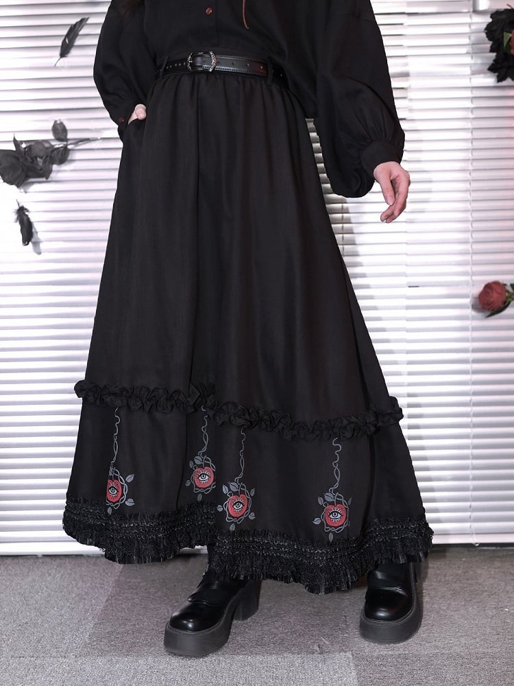 With Skirt Eden-inspired Trim Gothic Black Midi Print Lace