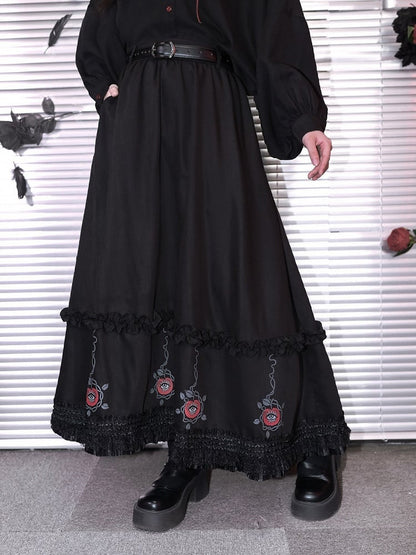 With Skirt Eden-inspired Trim Gothic Black Midi Print Lace