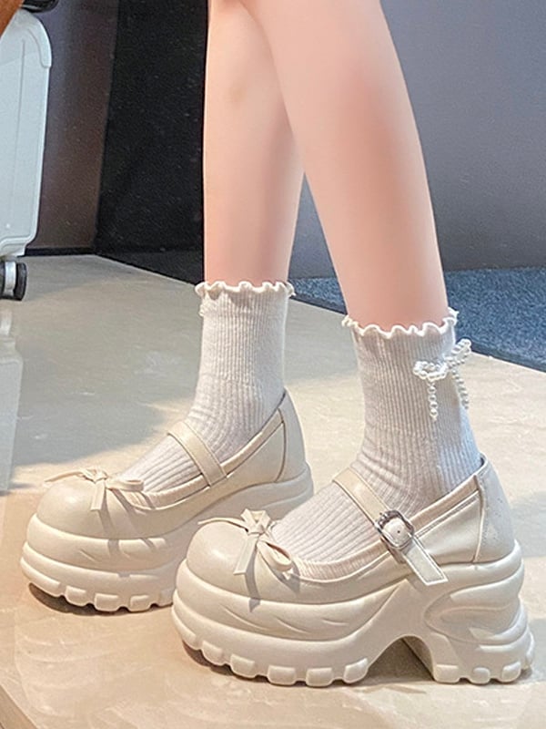 Bow Chunky Sole Jane Shoes Detail Knotted Off-white Mary Preppy Style Platform with -