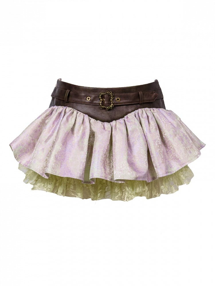 Purple & Green Fairycore Mori Layered Ruffle Skirt with Lace Trim - Virtual Orbit