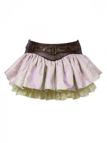 Purple & Green Fairycore Mori Layered Ruffle Skirt with Lace Trim - Virtual Orbit