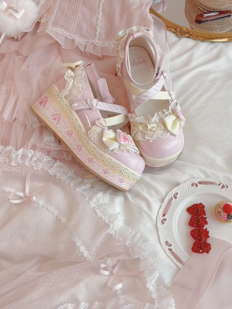 Strawberry Shoes Sweet Lolita Pink Cake Jane Mary Platform Cheese