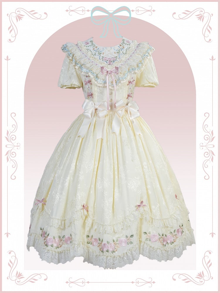 Yellow Embroidered Classic Lolita OP Dress with Scalloped Lace Hem