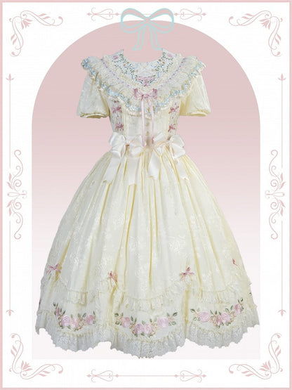 Yellow Embroidered Classic Lolita OP Dress with Scalloped Lace Hem