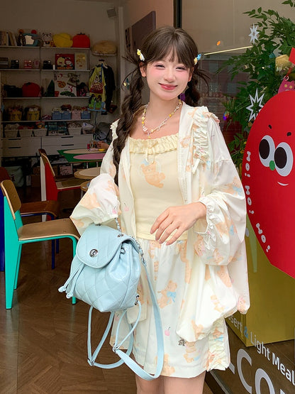 Jacke Hellgelb Niedlicher Bärendruck Sonnenschutz Mit Kapuze