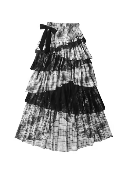 Regular/Long Version Asymmetrical Tiered Plaid Skirt Black Punk