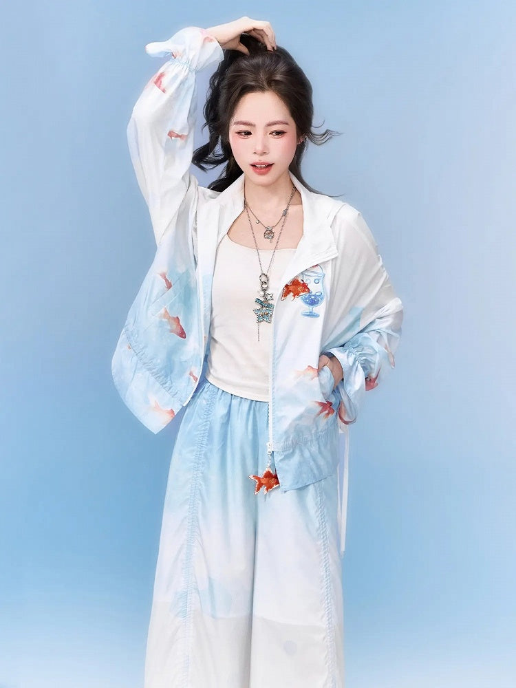 Goldfish Zipper Embroidery Hooded Sun Protection Jacket - Zao Jing Ji