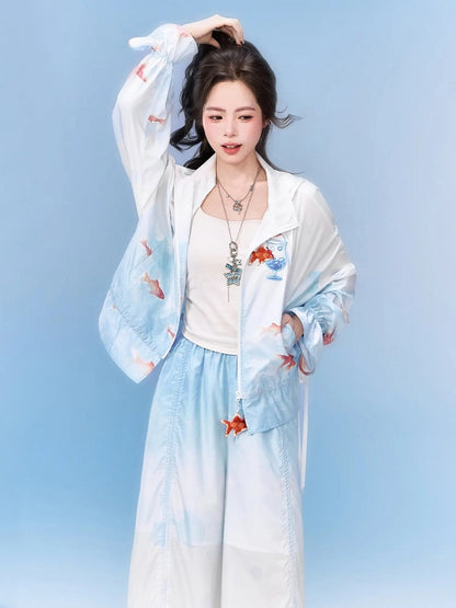 Goldfish Zipper Embroidery Hooded Sun Protection Jacket - Zao Jing Ji