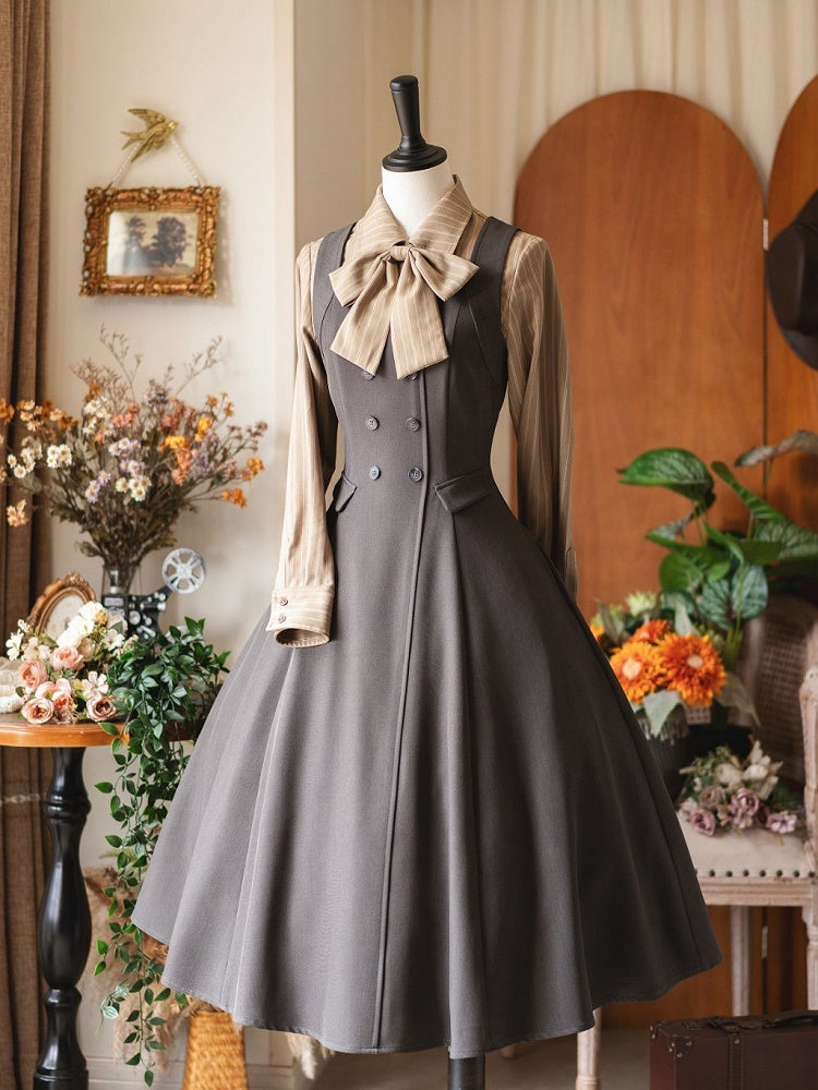Lacing Dress Gray Waist Back and with Retro Cinched Midi Fashion Elegant Neckline Square