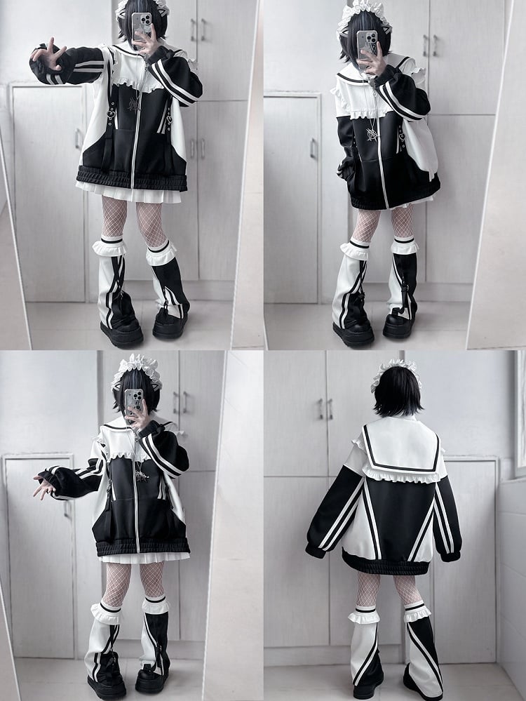 Sailor Zip WeißSchwarz Kragen Jacke Jirai Sweatshrit Verschluss Kei