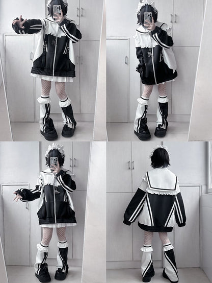 Sailor Zip WeißSchwarz Kragen Jacke Jirai Sweatshrit Verschluss Kei